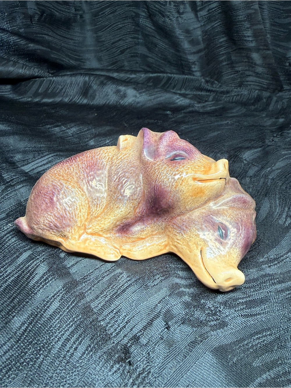 Artisan Ceramic Pig Figurine in Purple and Tan